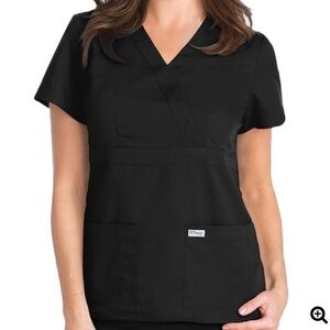 Grey's Anatomy Mock Wrap Nurse Scrub Black Top with Pockets, Size Large
